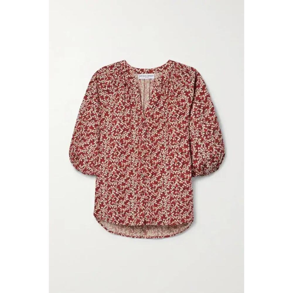 Apiece Apart Mitte Floral Print Organic Cotton Poplin Blouse Red Medium